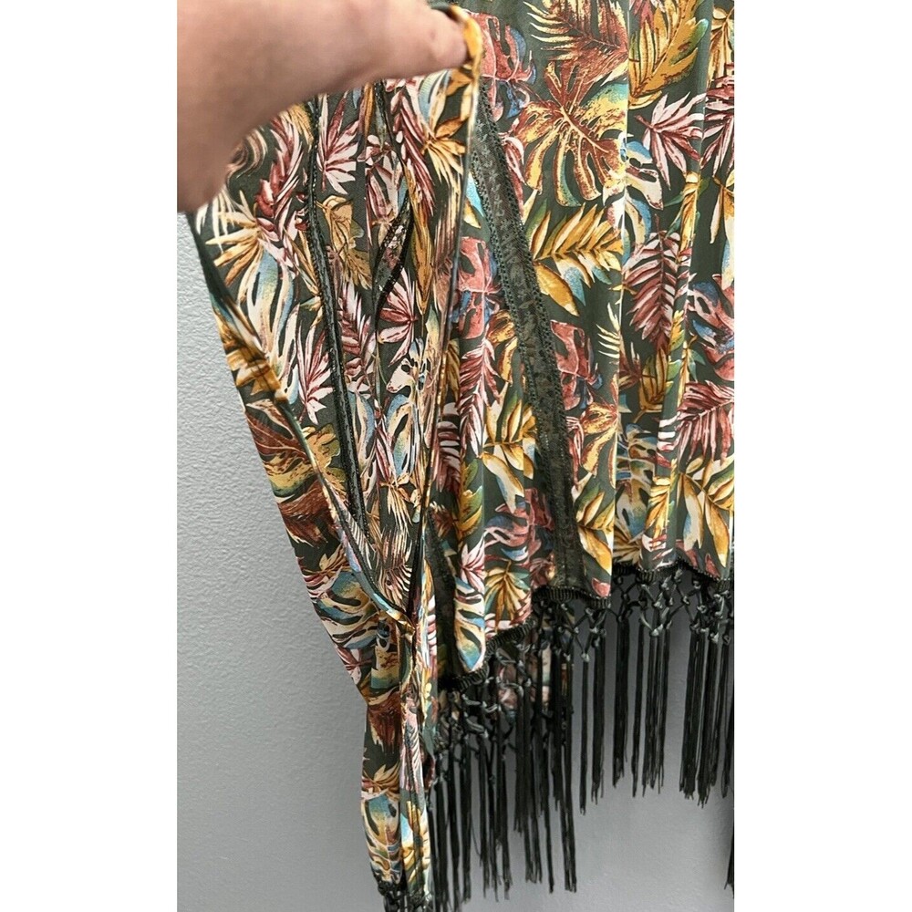 Women's Fringe Hem Open Front Kimono Cover Up Green Tropical Print Boho M - Picture 4 of 7
